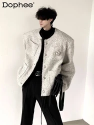Fashion Tweed Rose Brooch White Shoulder Pads Small Fragrant Long Sleeve Coats Men's 2024 Winter New Thickened High-end Jackets