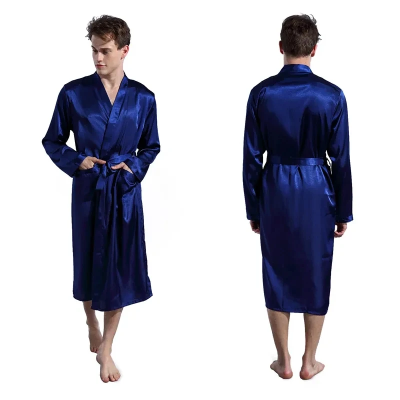 Retail Men\'s V Neck Satin Robe Kimono Long Bathrobe Pajamas Nightgown Lightweight Sleepwear for Wedding Party T104