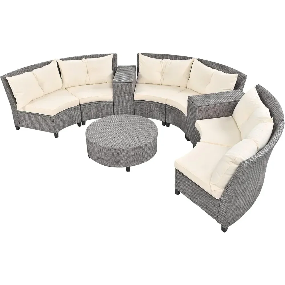 Fan-Shaped Curved Sectional Couch With Coffee Table&Beige Cushions Outdoor Patio Furniture Set of Garden Furniture Gray Rattan