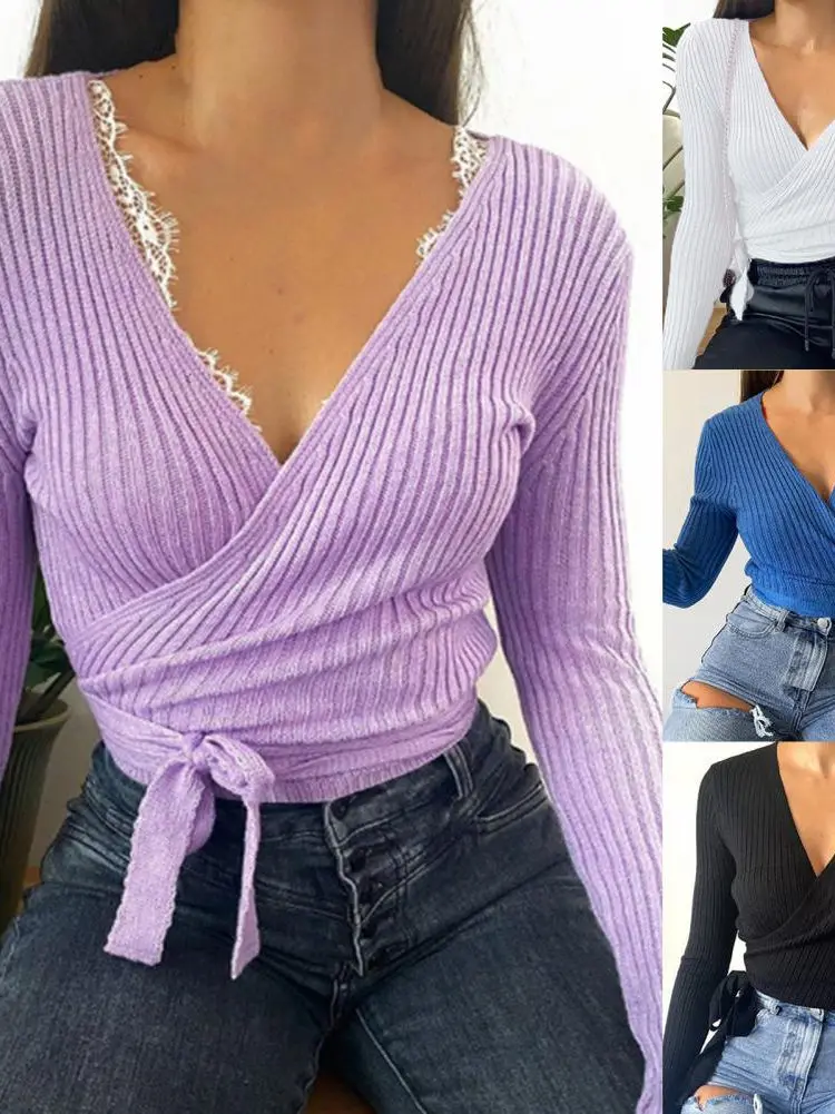 Suéter de Punto Simple de Color Puro con Cuello en V, Manga Larga, con Cinturón, Moda Femenina Otoño Invierno, Fibra de Polié...