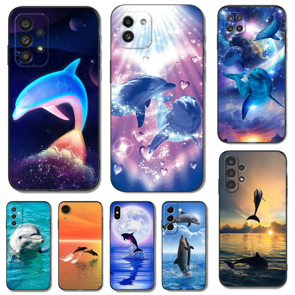 Black tpu Case For Samsung galaxy A54 A34 A14 5G A04 NOTE 20 10 9 PLUS ultra+ cover sea animal cute dolphin