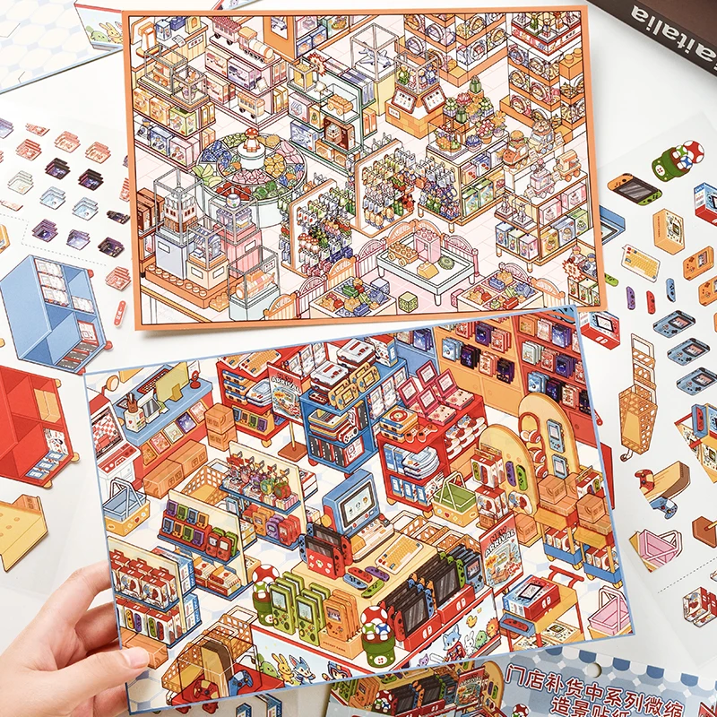Mini Store Scene Stickers, Immersive Convenience Store Diorama PET Stickers, Journal & Kuka Scene Collage Supplies