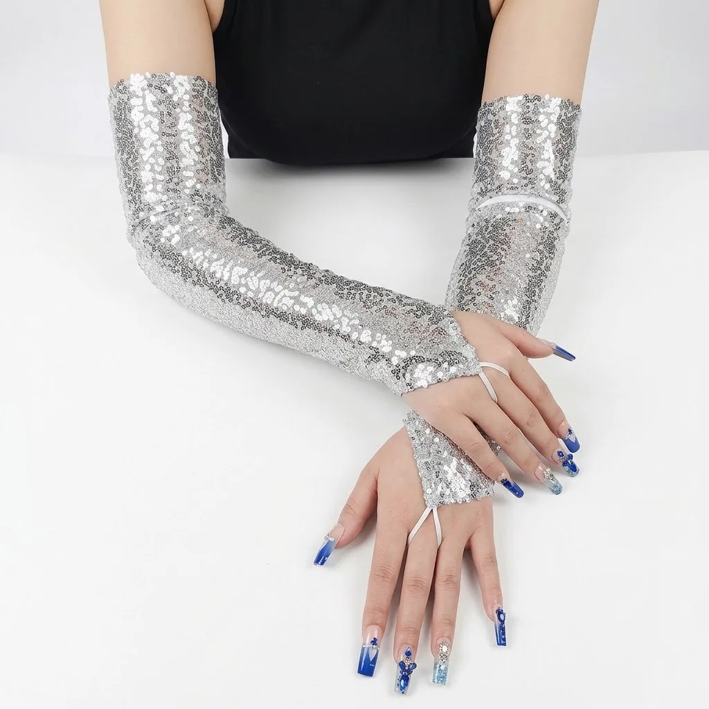 Shiny 50cm Sequined Hook Gloves for Women Retro Cosplay Dinner Party Stage Performance Sexy Long Gloves Accessories