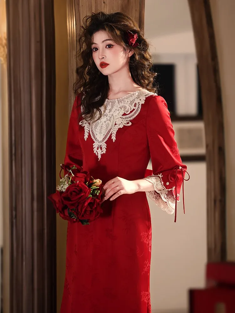 

New Chinese-style toasting dress engagement wedding red elegant return evening