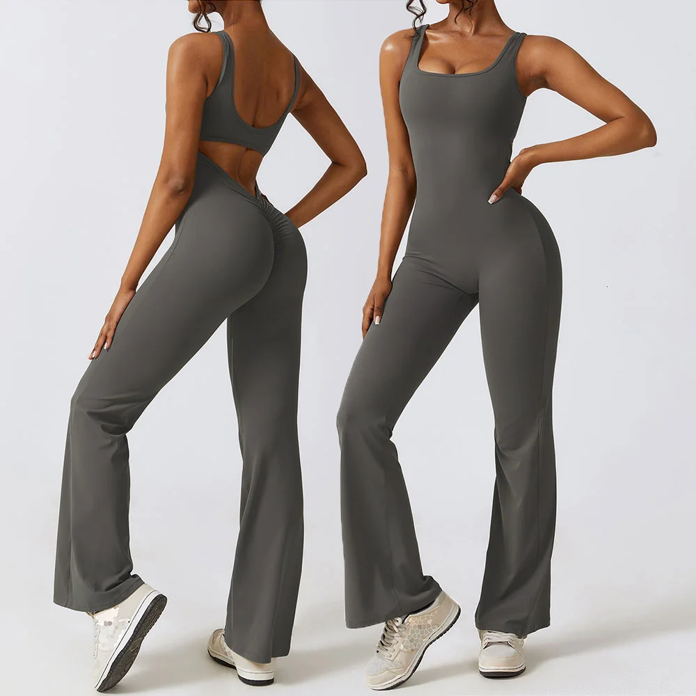 

Женский спортивный комплект из 2 предметов: комбинезон для йоги и фитнеса, эластичные расклешенные брюки, спортивный костюм для бега и тренировок