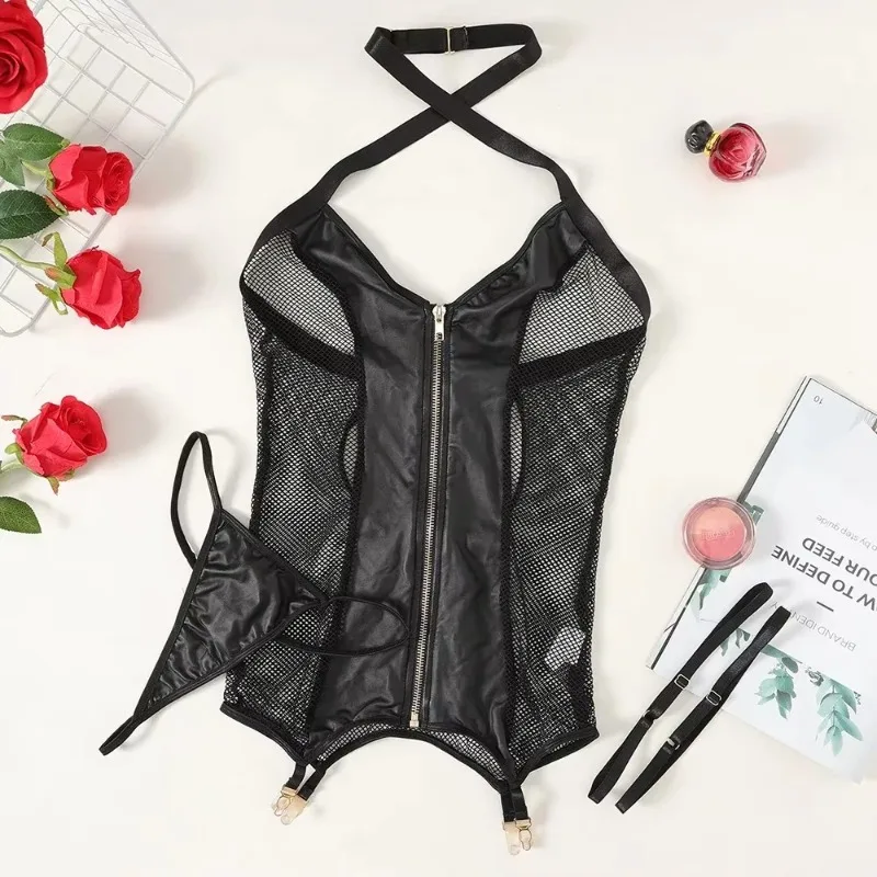Hot Hot Lingerie Sexy Zipper Corset Tops with Thongs Women Mesh Leather Nightwear Exotic Set Halter Erotic Pajamas Tight Dress - Image 6