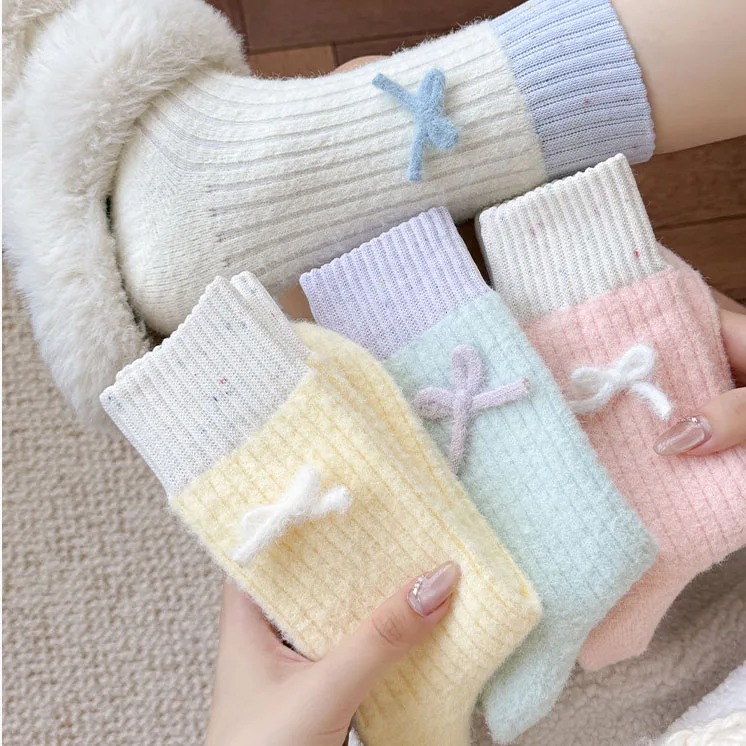 Women's Bow Middle Socks Soft Velvet Autumn And Winter Thick Warm Sleeping Socks Harajuku Fashion Elegant Sweet Versatile Socks