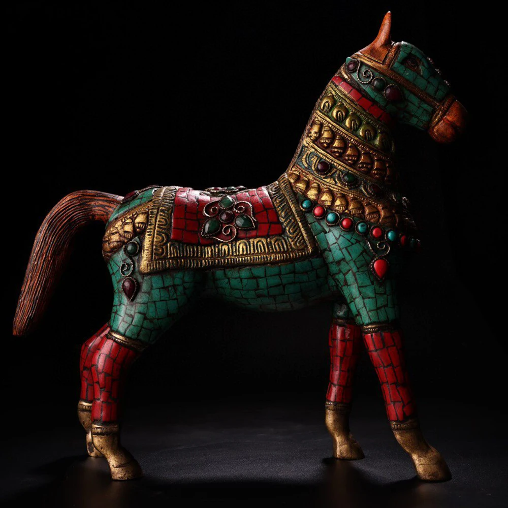 Nepal Style Standing Horse Statue Multi Gem Inlaid Tang Horse Success Symbol Home Zodiac Decor