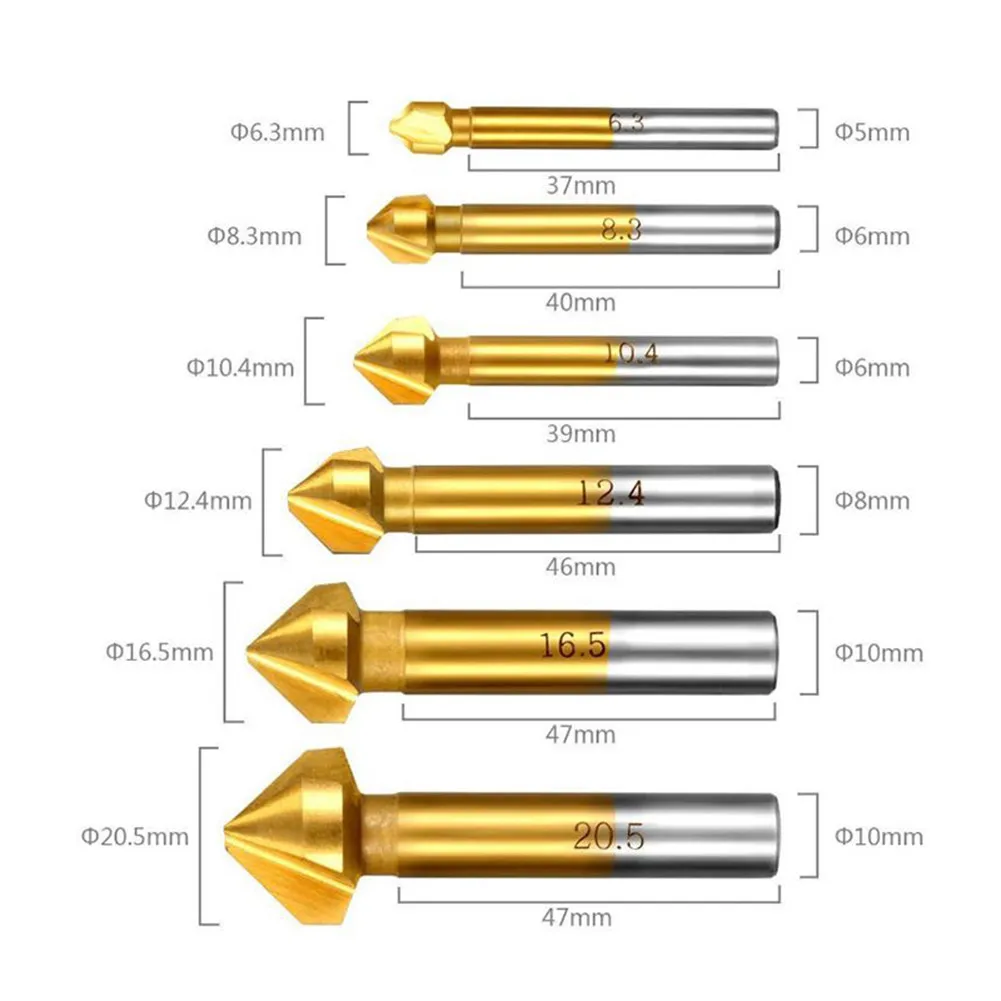 1 pz 3 Flauto Svasatore Punta da trapano 6.3 8.3 10.4 12.4 16.5 20.5mm 90 Gradi Placcatura Smussatura Utensili Elettrici Punte da trapano