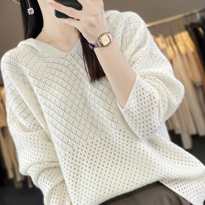 

Autumn new hooded 100% sweater women's loose pullover knitted sweater hollow leisure western-style sweater hoodie