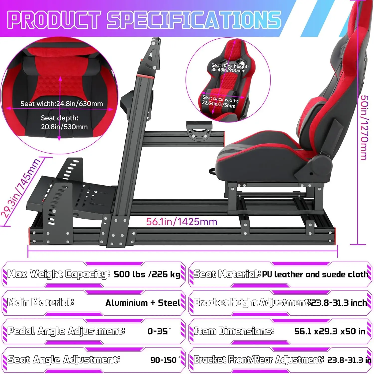 Racing Simulator Cockpit: Elite Series Racing Seat, Adjustable Stand,for Logitech/Thrustmaster/Fanatec (No Wheel/Pedals/Shifter)