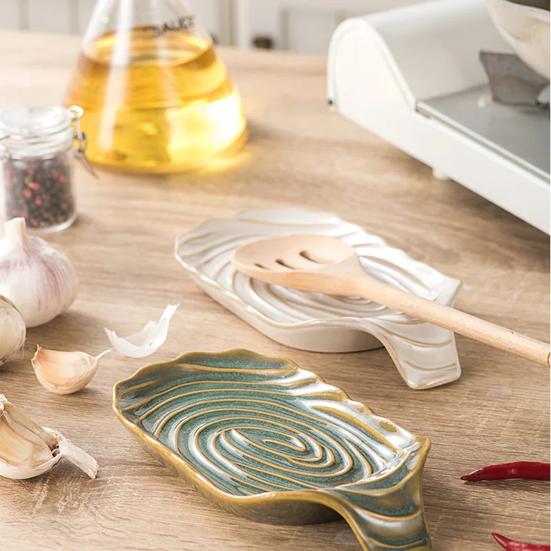 Decorative Tray Vintage Textured Ceramic Spoon Rest Heat Resistant Utensil Holder For Countertop Dining Table Sauce Bone Plate