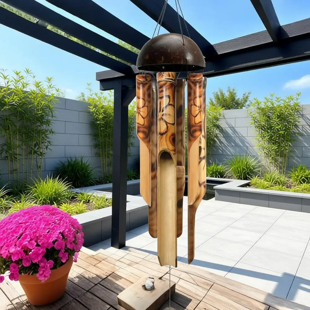 

44-дюймовый бамбуковый колокольчик ручной работы с ореховой короной и выжженным цветочным дизайном для сада и дома