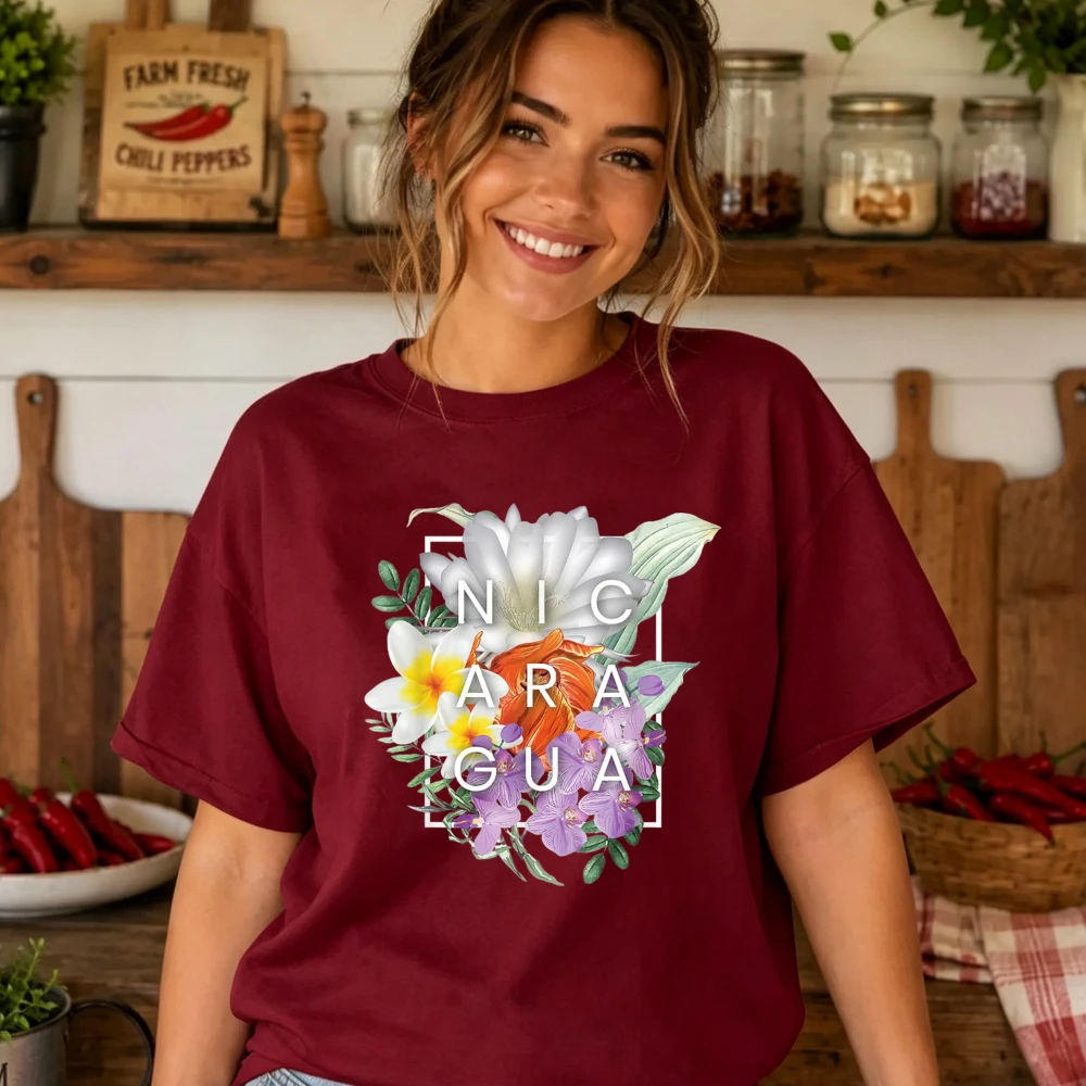 Women Pure Cotton T Shirt NICARAGUA Tropical Plumeria Orchid Floral Square Frame Central Vacation Travel Boho Flower Summer Tops