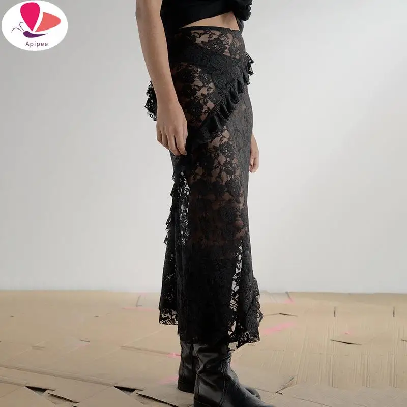 

APIPEE Sexy See Through Lace Women Skirt Black High Waist Floral Y2k Skirt Femme Summer Casual Vacation Outside Streetwear 2024