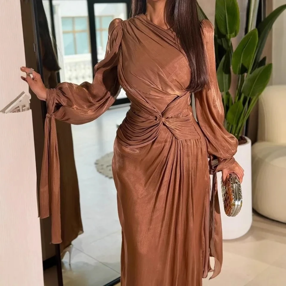 

Women's Shiny Evening Dress Fashion Pleated Long Sleeves Aseymmetrical Pullover Long Dresses Female Long Sleeves Prom Gown