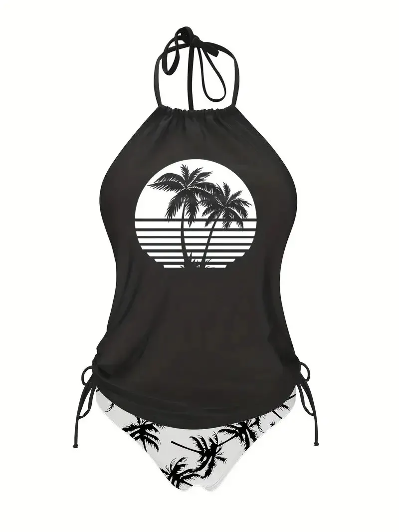 Coconut Tree Sunset Pattern Drawstring Two Piece Swimsuit, Strapless Tie Neckline Backless Stretchy Low Rise Swimsuit