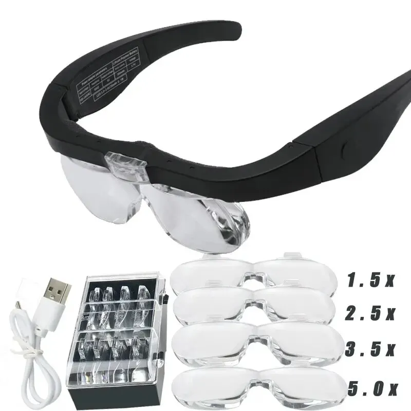 USB Rechargeable Head Magnifier Glasses with Dual LED Lights, 1.5X/2.5X/3.5X/5.0X Lenses for Reading, Watch & Jewelry Repair
