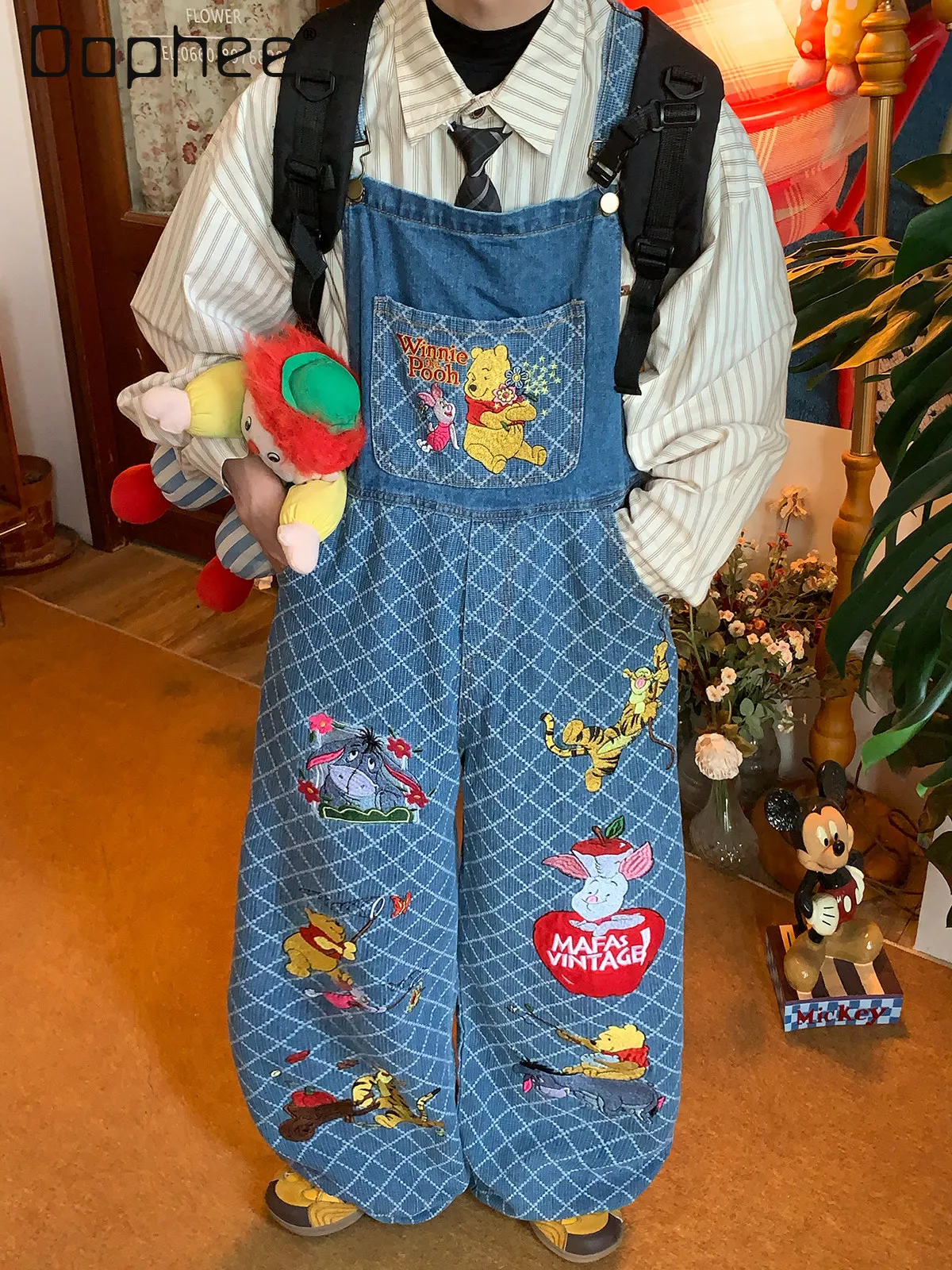 

Cartoon Denim Overalls Women's Loose Korean Wide-leg Pants Floor-mopping Pants Trousers 2026 New Baggy Jeans