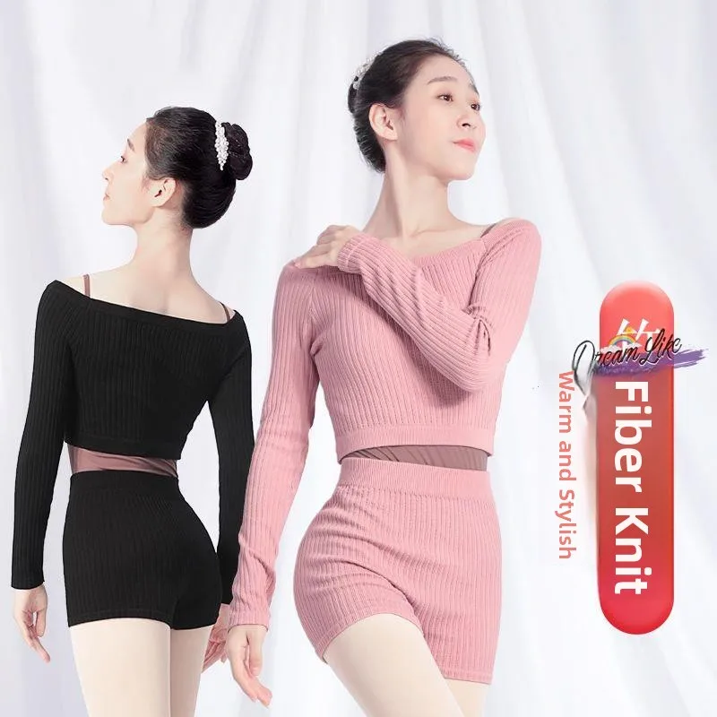 

Танцевальный вязаный комплект: свитер с длинным рукавом, топ на одно плечо для балета, верхняя одежда для взрослых, для тренировок, осенне-зимний, модный, женский...