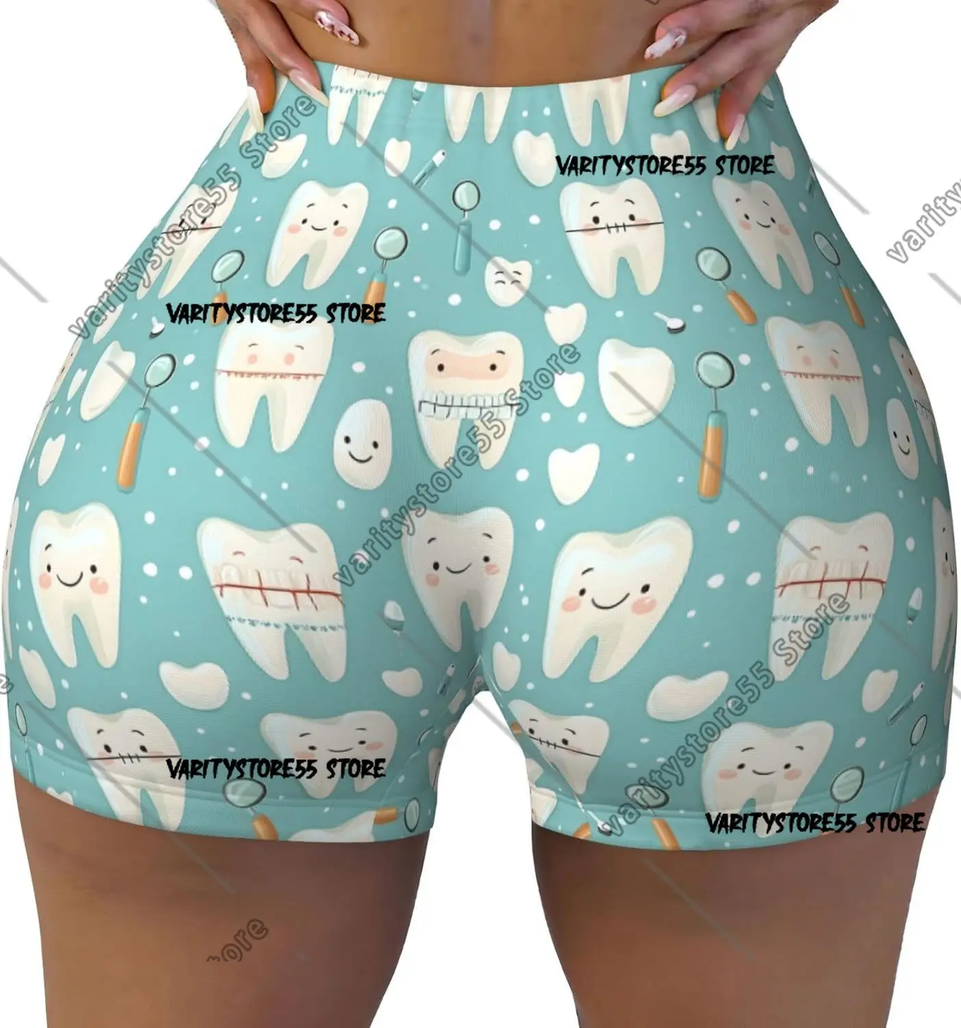 

Шорты для тренировок, женские шорты из спандекса с милым мультяшным принтом зубов, байкерские шорты для йоги, бега в тренажерном зале