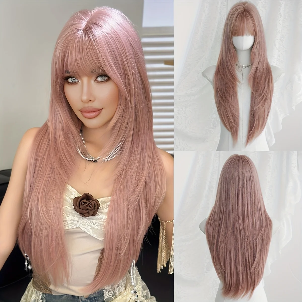 

Длинный прямой розовый синтетический парик с челкой, подходит для женщин, идеально подходит для повседневной носки, вечеринок и костюмов на Хэллоуин.