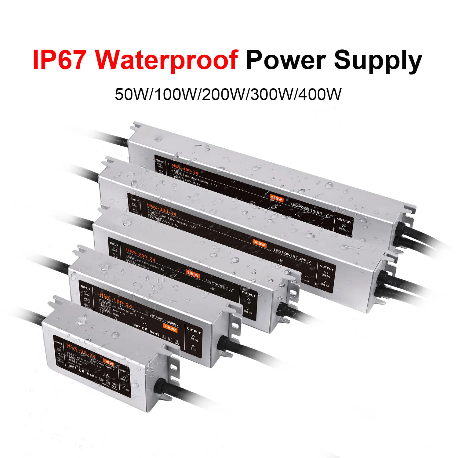 

IP67 Waterproof LED Lighting Transformer AC 200V-240V to DC 24V Power Supply 50W 100W 200W 300W 400W Outdoor LED Driver Adapter