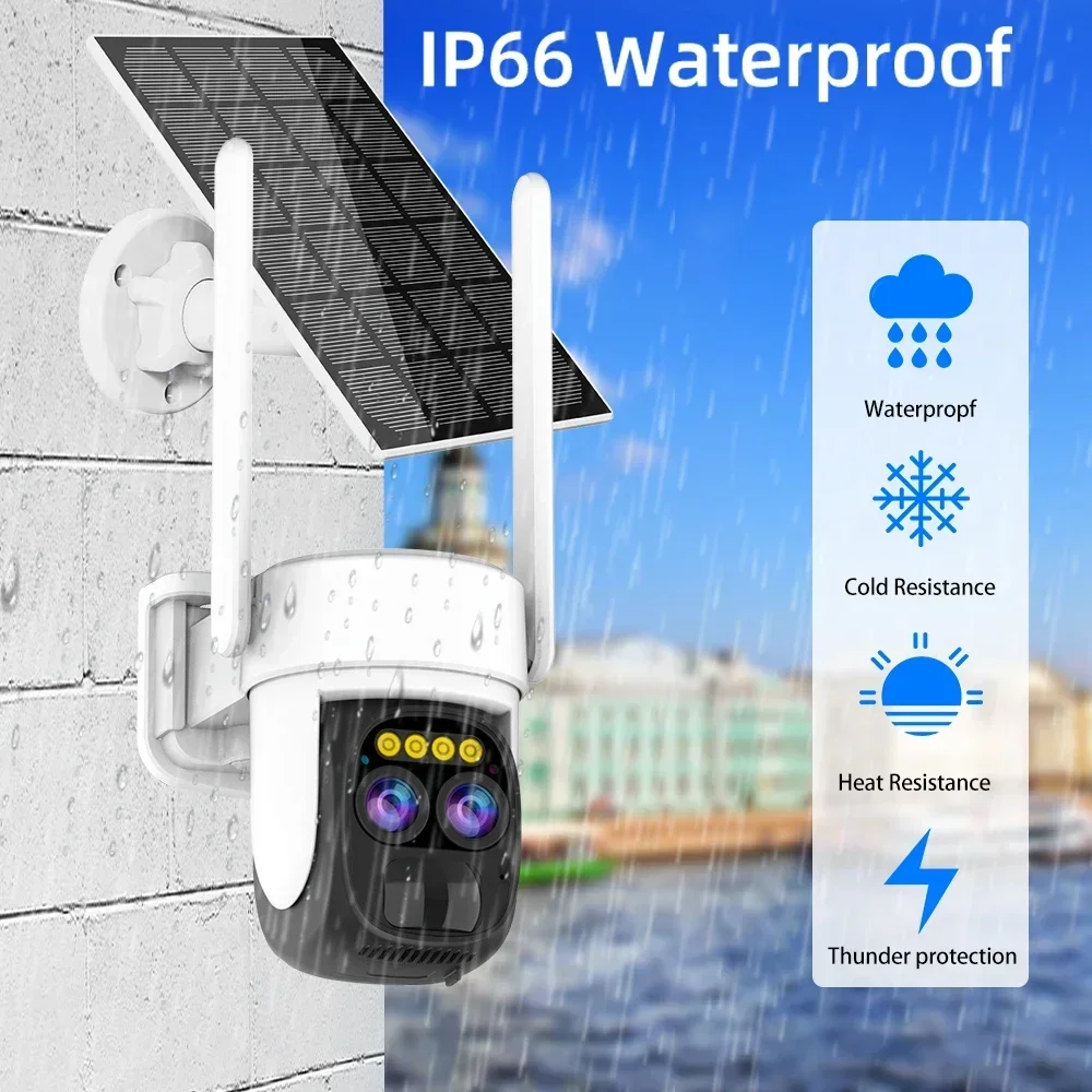 4K 8MP Dual Lens WIFI Solar Camera Outdoor 10X Optical Zoom Two-way Audio Color Night Vision Bulit-in Battery Security Camera