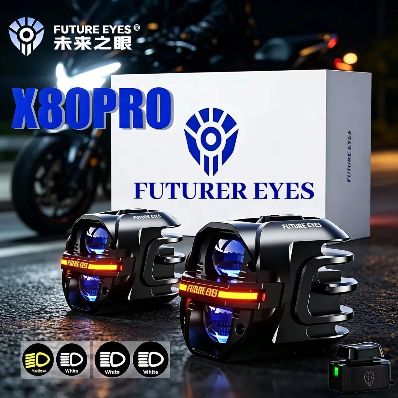 Future Eyes X80 Pro Super Bright Motorcycle Driving Lights Yellow White Switchable Lens Lamp Strobe Warning Light 12V Universal
