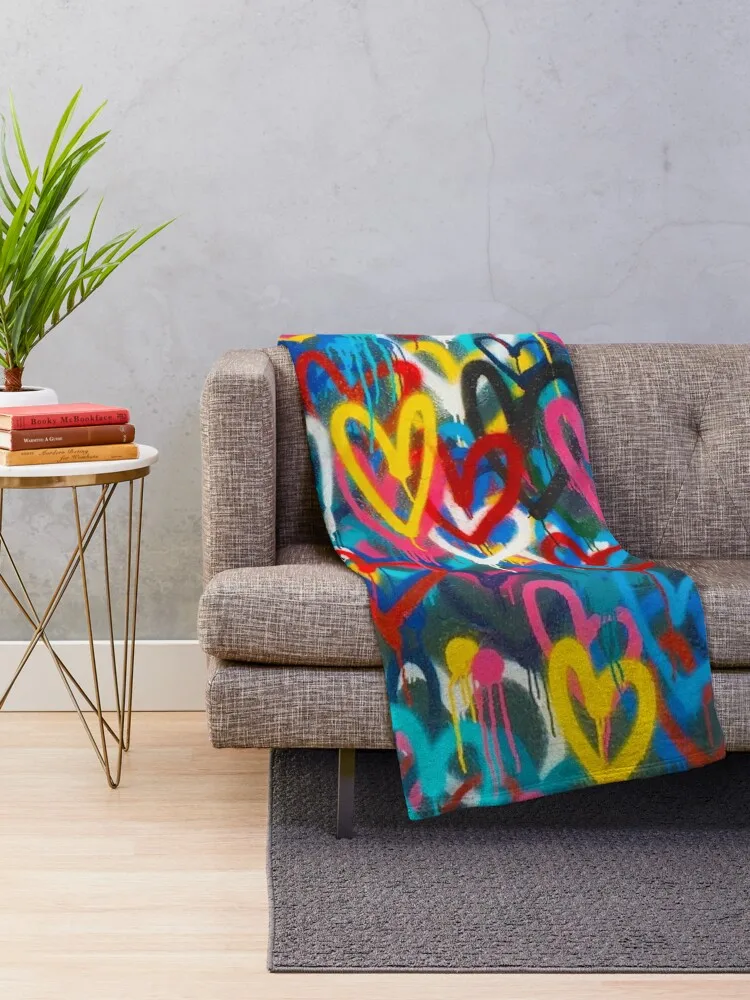 Graffiti Urban colorful graffiti city wall chaotic hearts pattern painting grunge rainbow love Throw Blanket