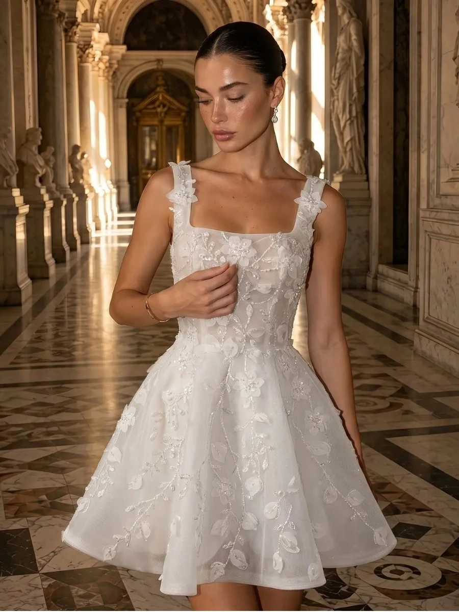

Women Romantic Handmade Flower Embroidered Sheer Mesh Corset Bodice Flared Tulle Skirt White Mini Prom Dress Wedding Bridal Gown