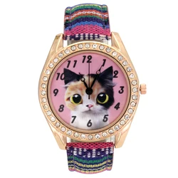 Cat Pet Women Fashion Luxury Rose Gold Crystal Dress Jewelry Denim Cloth Band Analog Watch