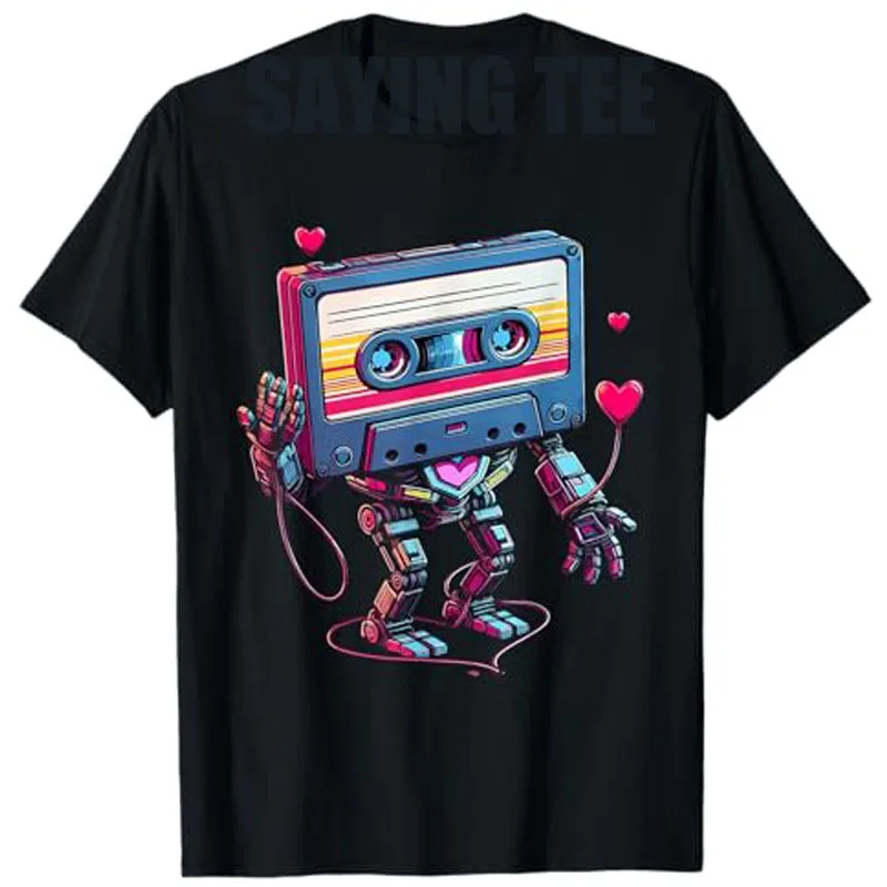 

Funny Tape Cassette Classic Vintage Mixtape Robot with Heart T-Shirt Humor Graphic Outfit Rock Streetwear Clothes Saying Tee Top