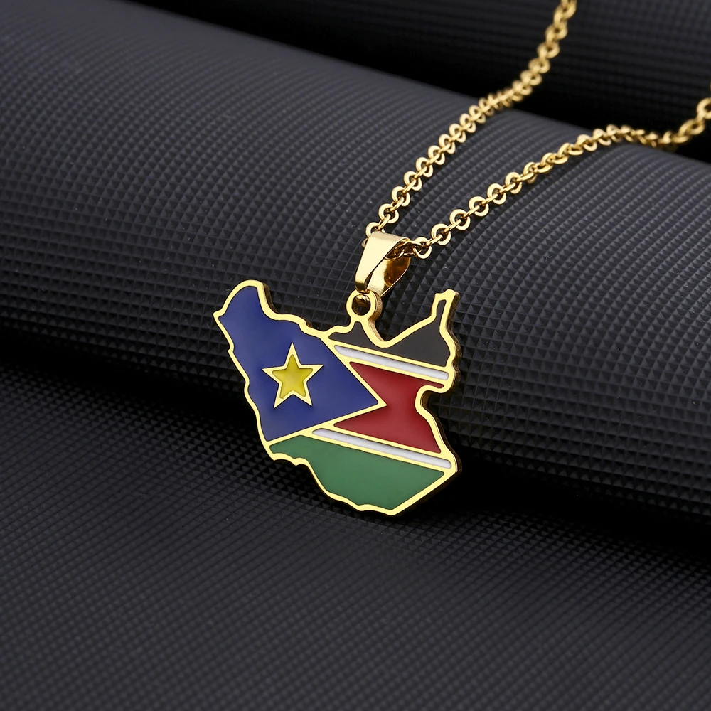 Africa South Sudan Map Flag Pendant Necklace Stainless Steel Gold Silver Color Men Women Maps Ethnic Jewelry Gift