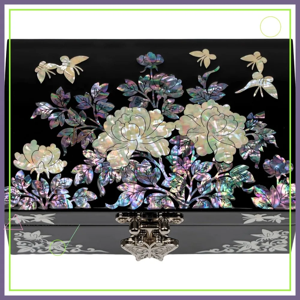 

Mother of Pearl Jewelry Box with Mirror Lid, Organizer for Earrings, Necklaces, Rings & Bracelets