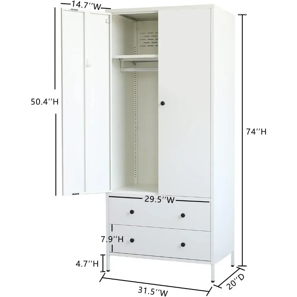 Wardrobe Closet, Metal Armoires and Wardrobes with Two Drawers, Adjustable Hanging Rod, 20