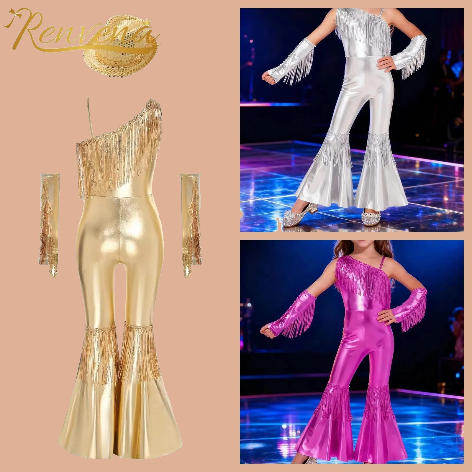 Children's Pageant Party Outfit Kids Girls 60s 70s Jazz Disco Dance Costume Sequins Tassels Flares Jumpsuit + Gloves Fedora Hat