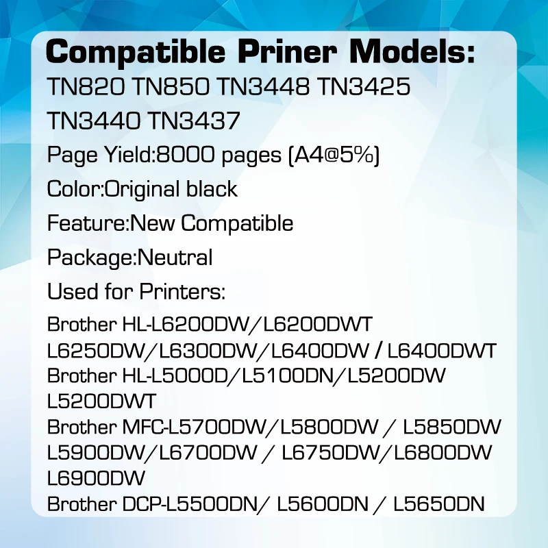 TN850 TN3480 TN3449 TN3410 TN3440 TN3437 TN3448 TN3442 Compatible Toner Cartridge for Brother HL-L5000D L5100DN L5200DW HL-L6200