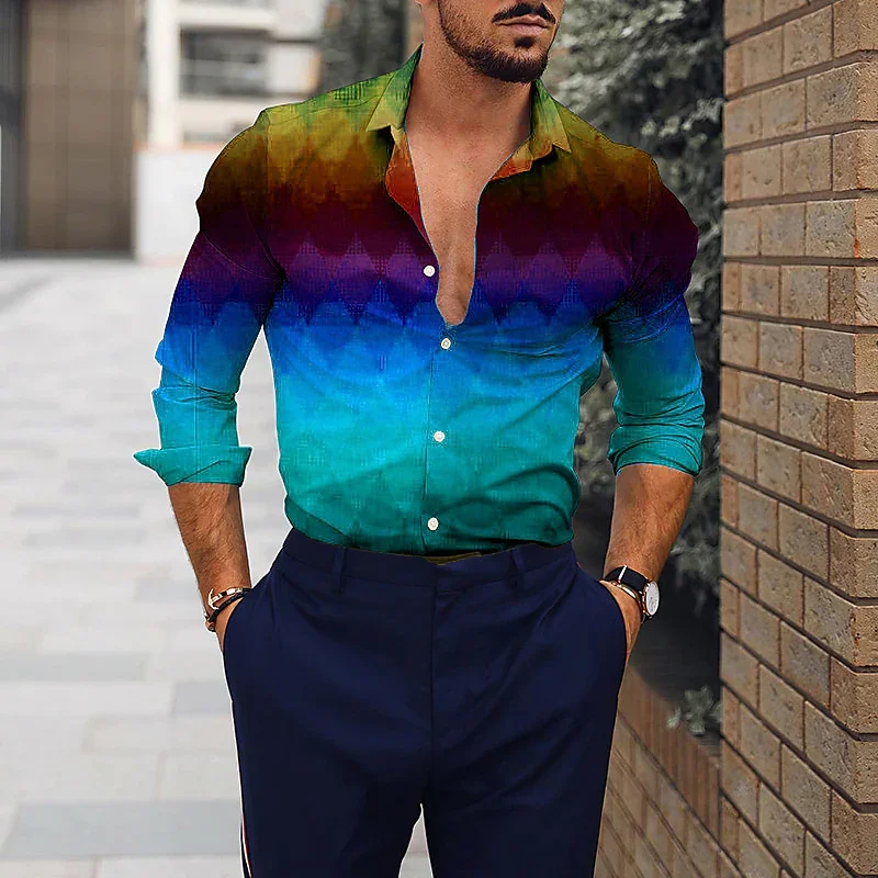 Fashion Men Long Sleeve Shirt Lapel Button Casual Color Spring Summer HD Pattern Rainbow Outdoor Sports Top Shirt T-Shirt