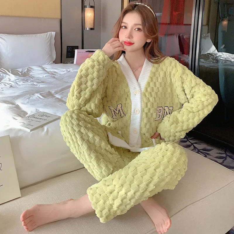 5XL Plus Size Women\'s Flannel Cardigan Home Clothes Plush Solid Loose Coral Velvet Pajama Set Autumn/Winter Pants Two Piece Suit