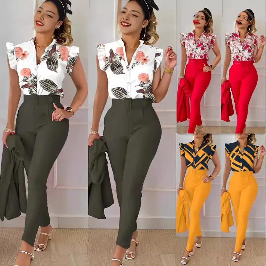 Amazon Best Selling New Fashionable Printed Mango Leaf Sleeve Top Solid Color Pants Suit Beltsuit European American Style