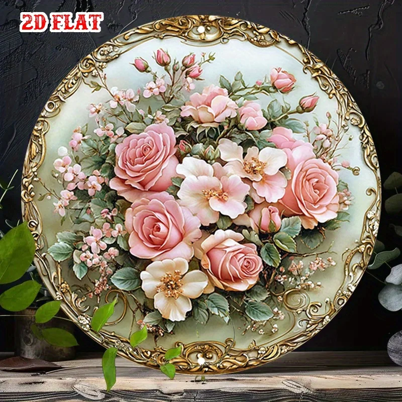 [2D Flach] 1 Stück Vintage-Inspiriertes Aluminium-Blechschild - Rosa Rosen & Goldenes Blumendesign, Runde Wanddekoration für Wohnzimmer