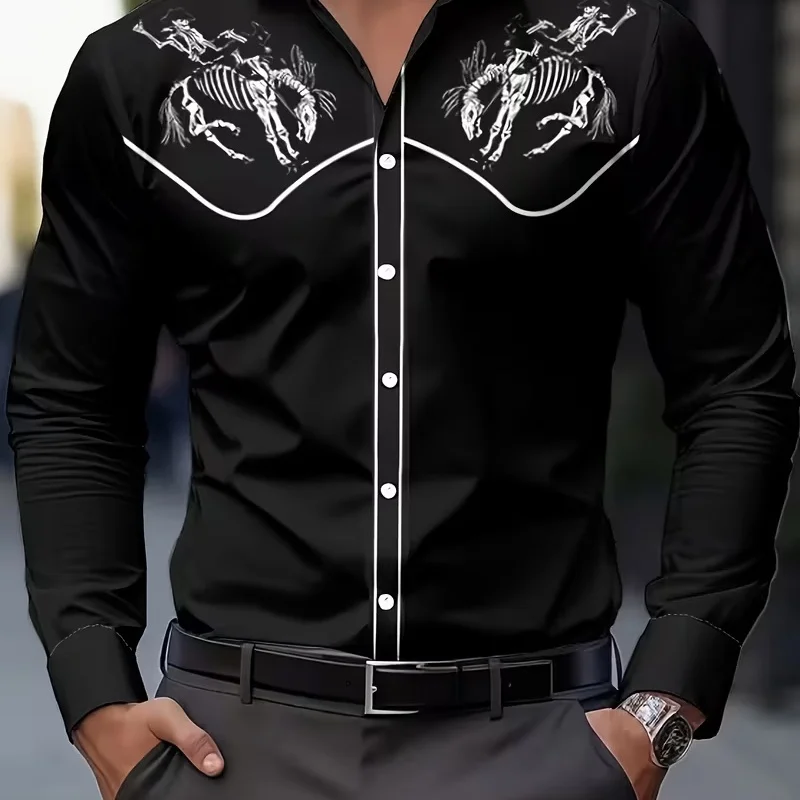 2027 New Men Western Cowboy Skeleton Horse Print Long Sleeve Shirts Retro Contrast White Piping Button Down Shirt Fashion Gothic