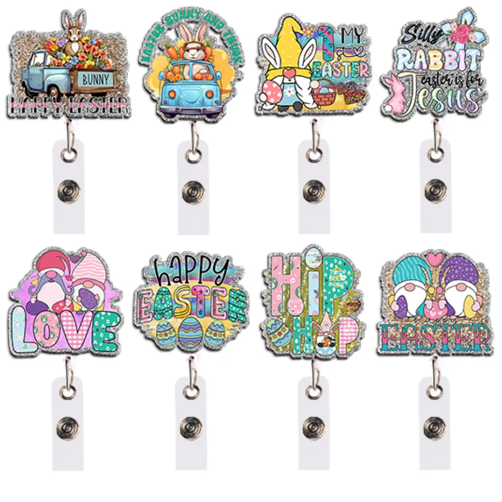 Glitter Acrylic Retractable Badge Reel Easter Rabbit Eggs ID Card Holder Lanyard Clip Office School Badge Accessories