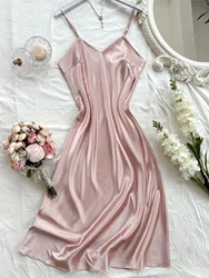 Women's Elegant Solid Color Satin Nightgown V-Neck Midi Summer Lightweight Sexy Strappy Loungewear Soft Luxurious Bright