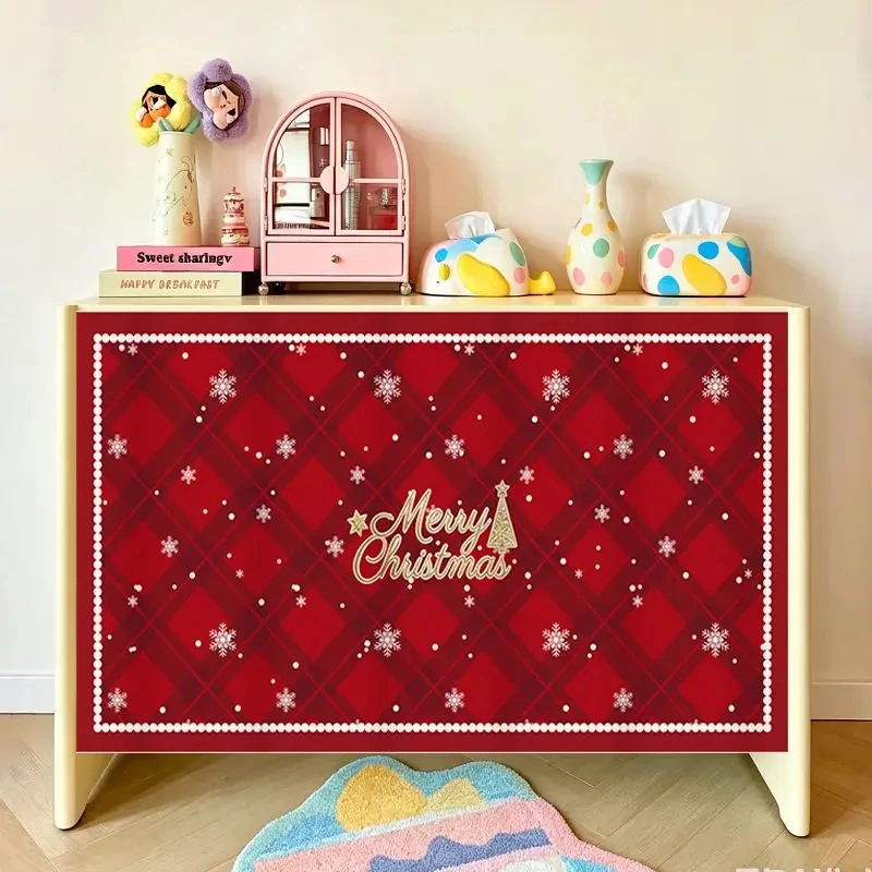 VIKAMA Green Christmas Plaid Linen Cabinet Curtain, 6 Assorted Designs, Dust-Proof Track-Free Door Cover