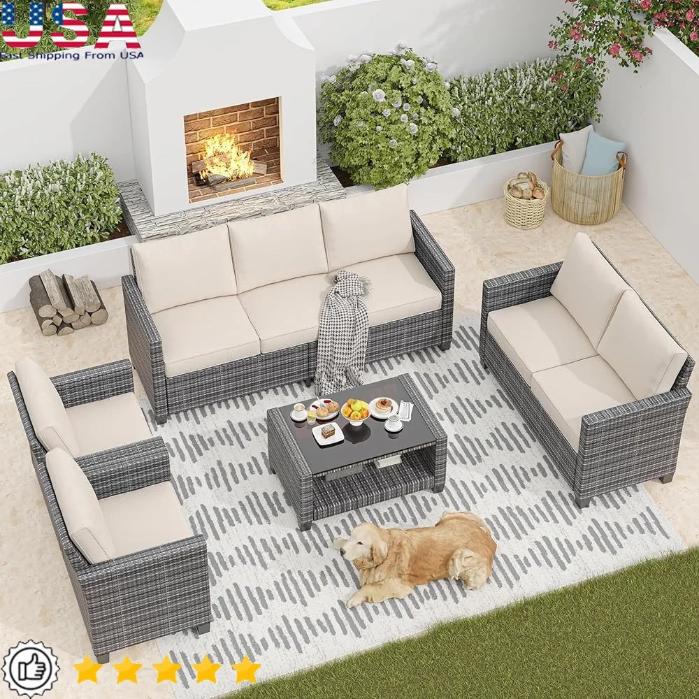 

7 Seat Outdoor PE Rattan Sectional Sofa Set with Cushions Glass Coffee Table Weather Resistant Ergonomic Furniture Patio Garden