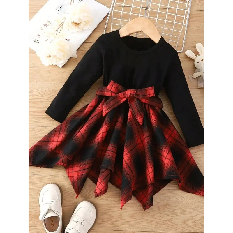 Trendy Checkered Long Sleeve Dress Asymmetrical Hem Daily Travel Suitable Women's Fashion Dress