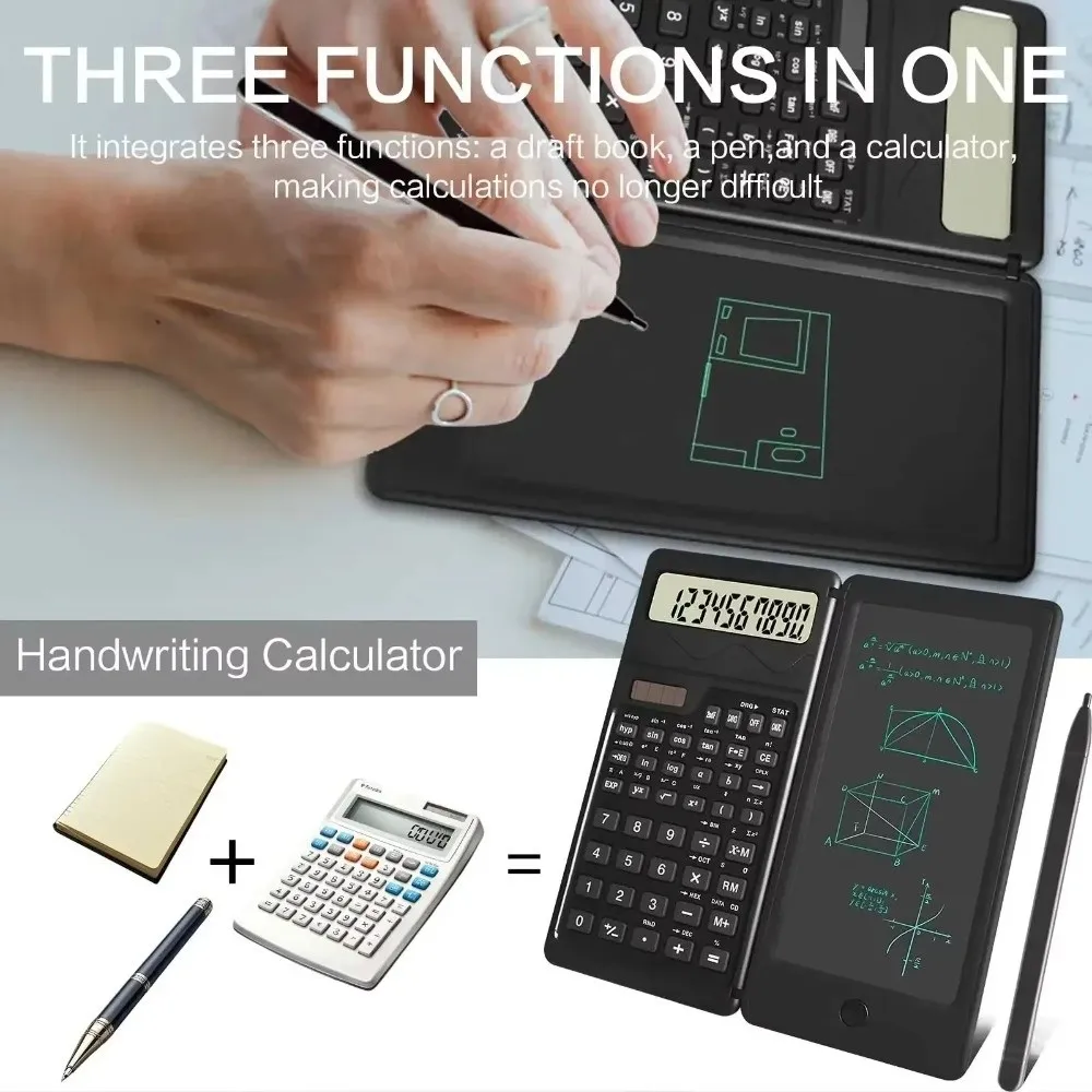 LCD Screen Scientific Calculator Foldable Design Solar Energy Writing Tablet Calculator 2 in 1 12 Digits Display