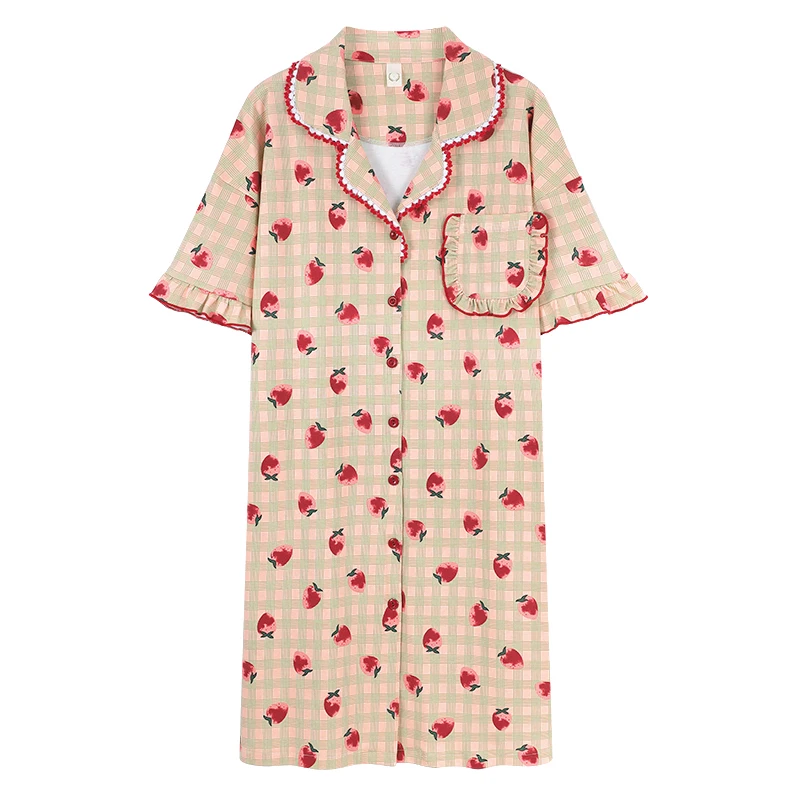 

Women Nightgowns Casual Print Nightwear Strawberry Short Sleeve Nightshirts V-Neck Loose Sleepwear Female Chemise Dress Homewear